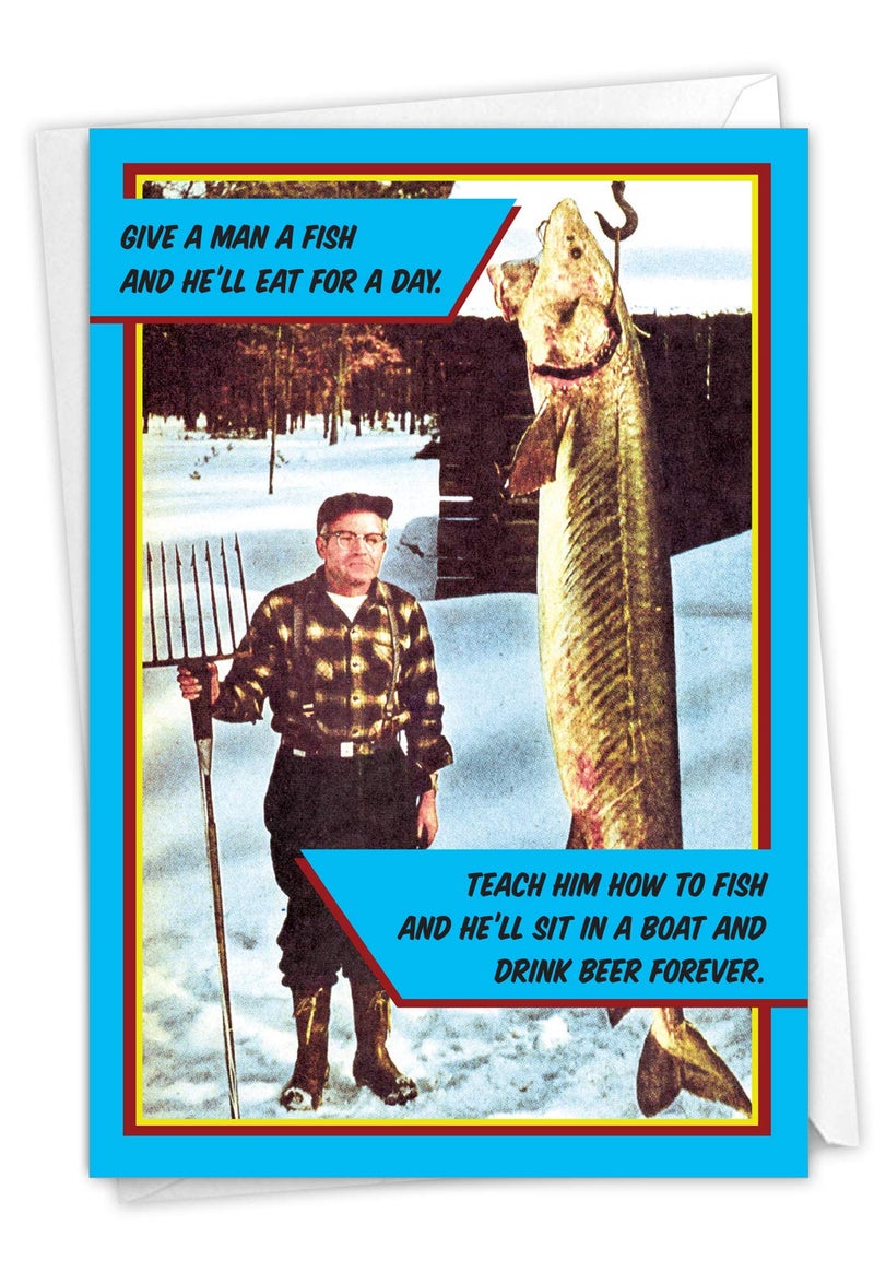 NobleWorks - 1 Funny Card for Father's Day - Dad Humor Card from Son or Daughter, Notecard with Envelope - Give a Man a Fish 0116 - Image 1